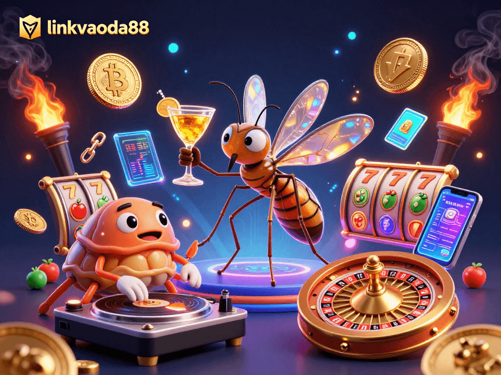 Engage with linkvaoda88 in a vibrant casino scene showcasing a 3D cartoon mosquito and fossil DJ.
