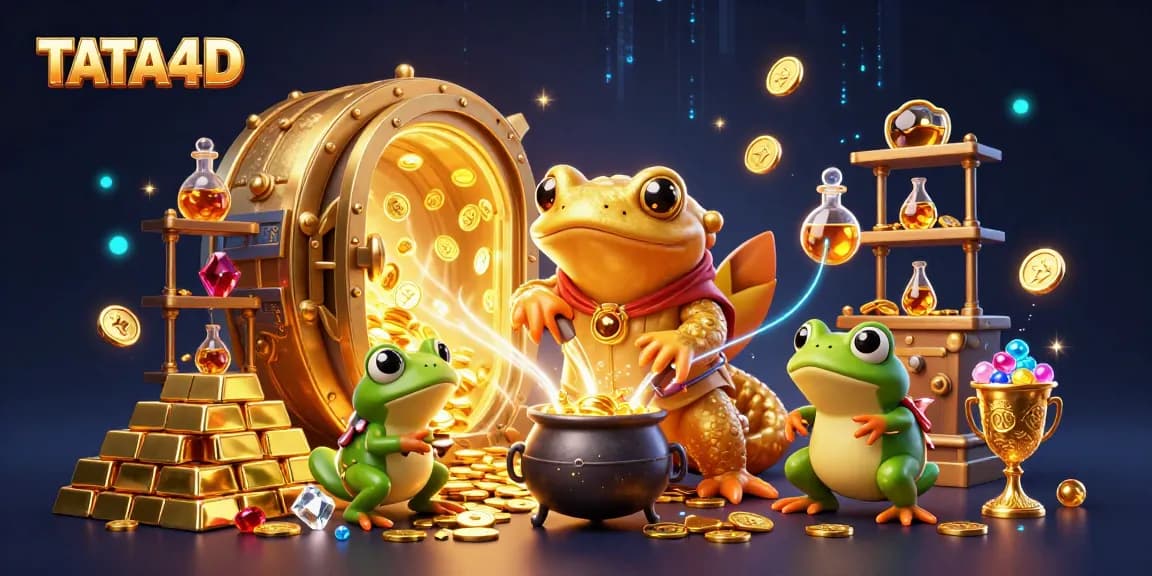 TATA4D showcases a golden salamander alchemist and froggy apprentice in a treasure-filled casino scene.