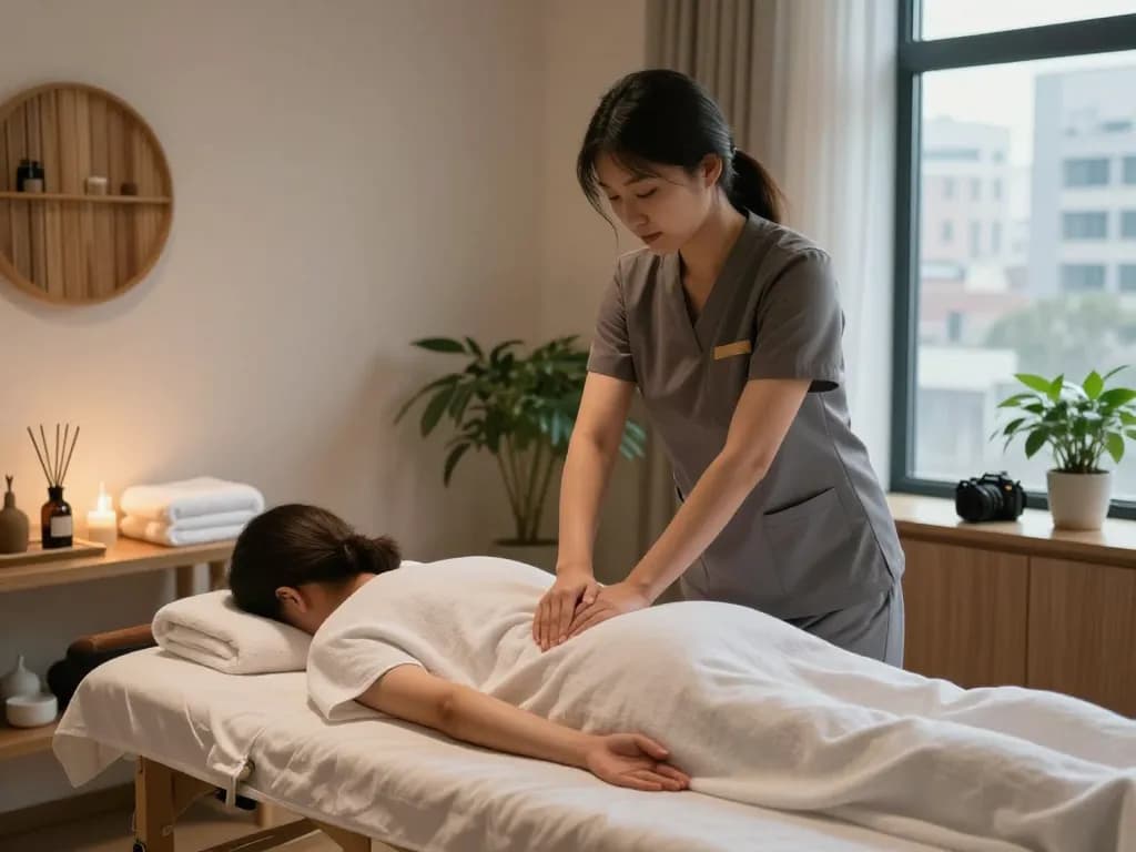 오피스타 웰니스 센터에서의 편안한 마사지 세션, 평화로운 분위기와 전문적인 케어를 보여줍니다.