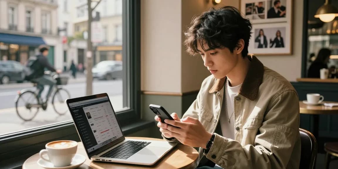 トレンディなカフェでインスタフォロワー購入を考えながらソーシャルメディアのメトリクスをチェックするインフルエンサー。
