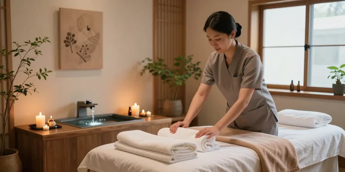 서울출장안마을 위한 조용한 스파 실내 풍경, 마사지 테이블과 아로마 오일, 평화로운 분위기.