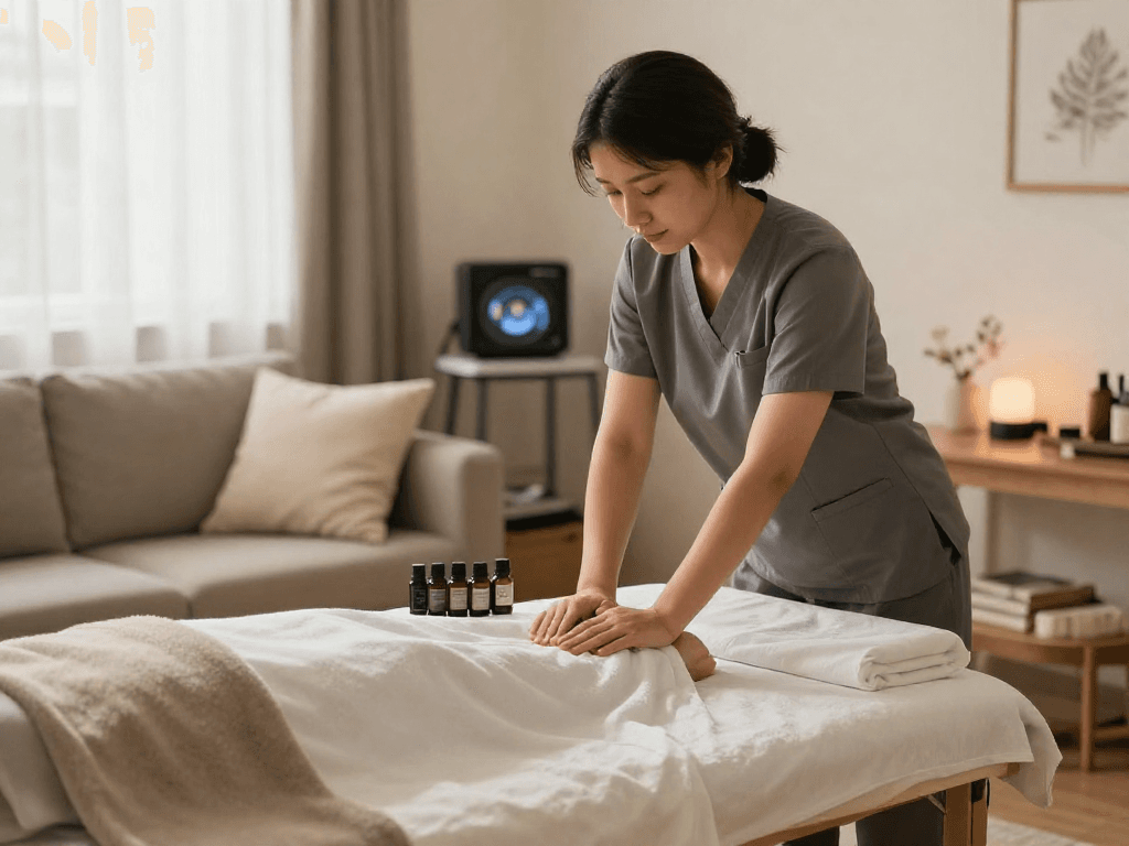 Home service for 출장안마 with therapist preparing a massage, serene atmosphere.
