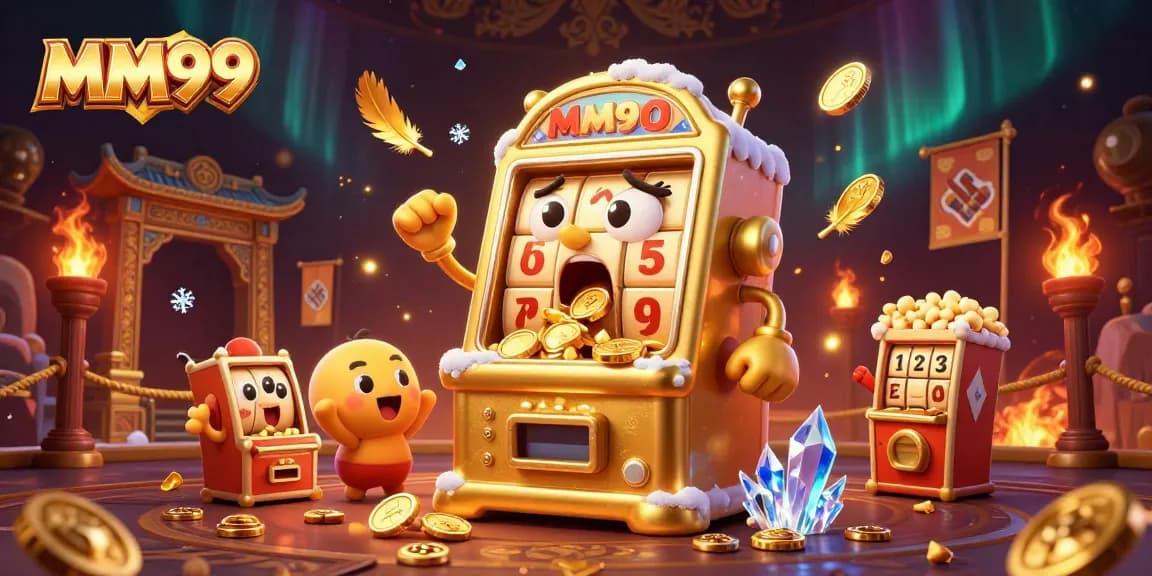 MM99 slot machine hitting jackpot, coins pouring with cheering baby slots, vibrant casino atmosphere.