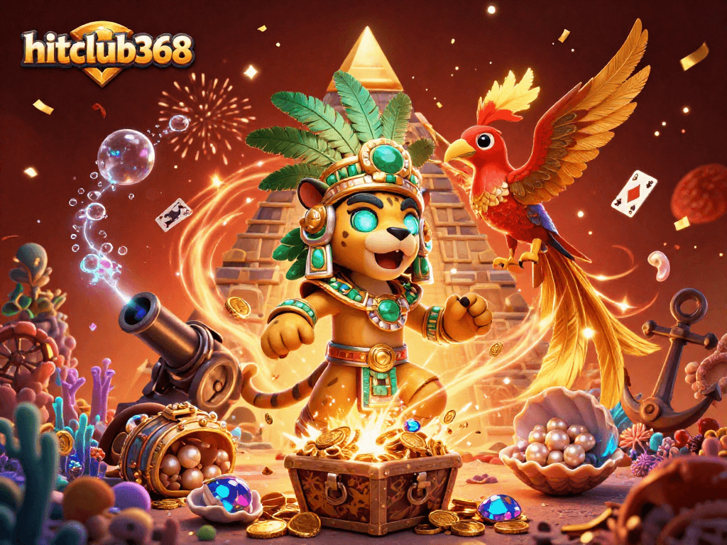 Spin the reels and win at hitclub368 with a vibrant, energetic gaming illustration.