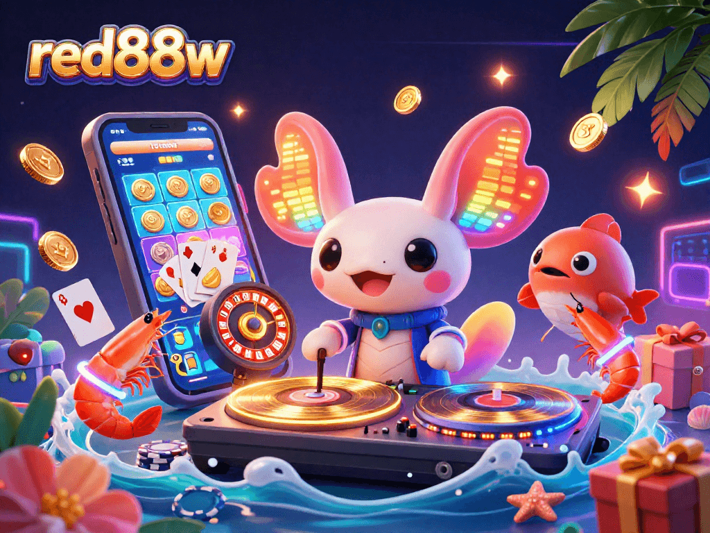 Experience thrilling gaming action with red88w in a vibrant underwater casino scene featuring a DJ and lively sea creatures.