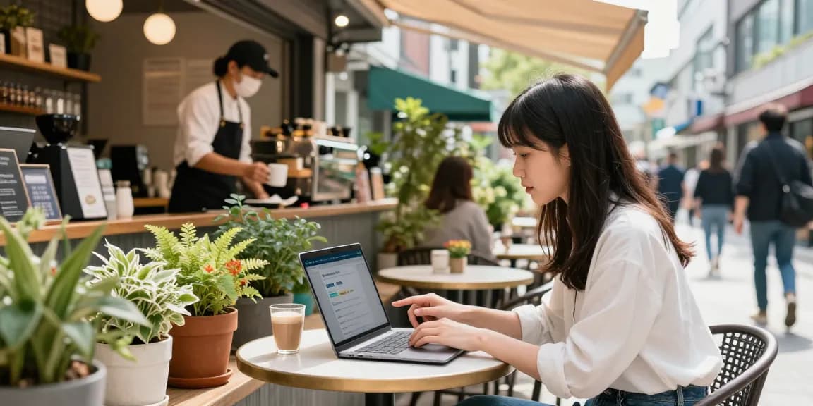 Youthful woman accessing discount details through password on laptop at urban café, representing 강남토닥이 services.