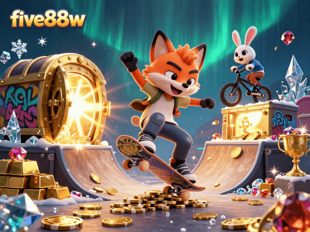Experience the excitement of five88w with a vibrant 3D illustration featuring animated casino elements.