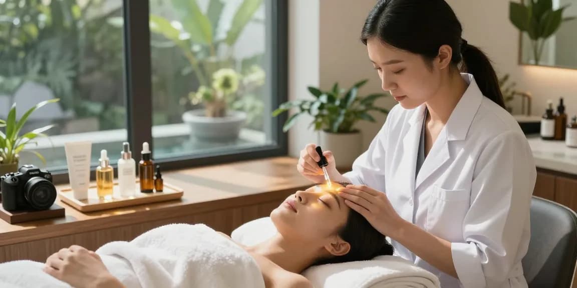 물광필링의 효과를 주는 스킨케어 전문가가 고객의 얼굴에 세럼을 바르는 모습