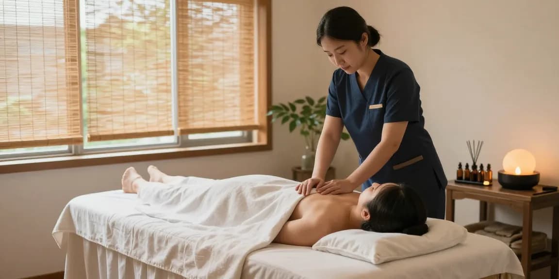 하남출장마사지를 받는 고객과 전문 마사지 치료사, 편안한 분위기의 마사지 공간.