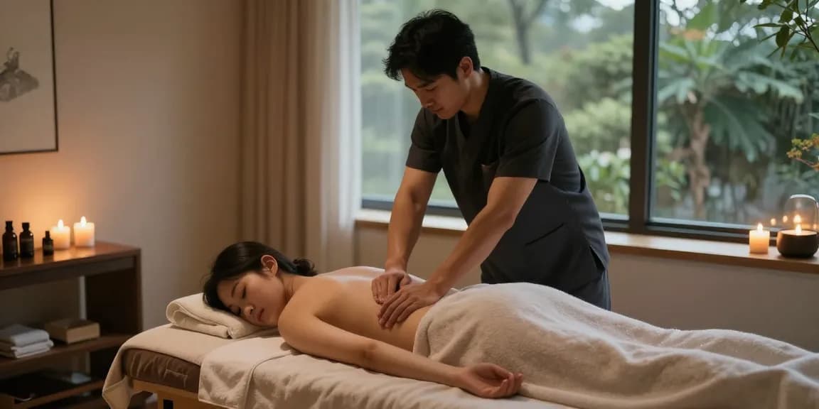 부산마사지 전문 남성 관리사가 고객에게 전문적인 마사지를 제공하는 편안한 치료실