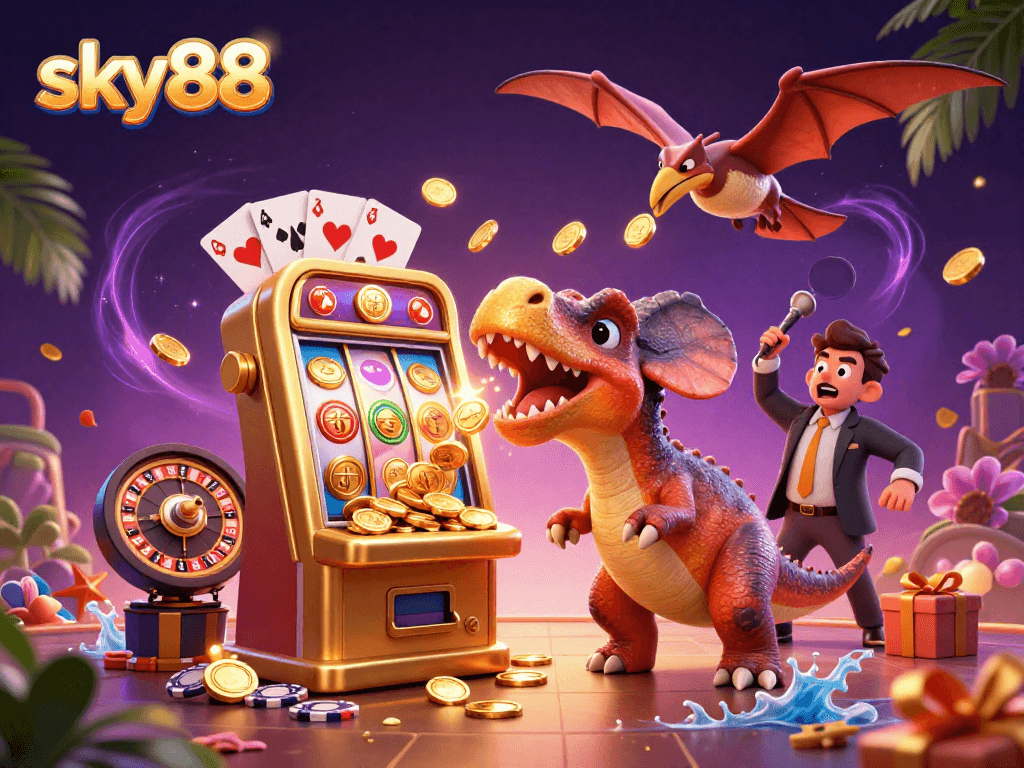sky88 slot machine jackpot scene with dinosaurs, winning coins, and gaming action