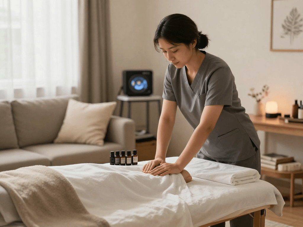 Home service for 출장안마 with therapist preparing a massage, serene atmosphere.