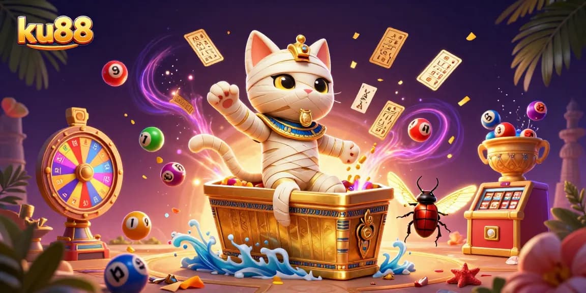 ku88 lottery excitement with a mummy cat, golden tickets, and vibrant game elements