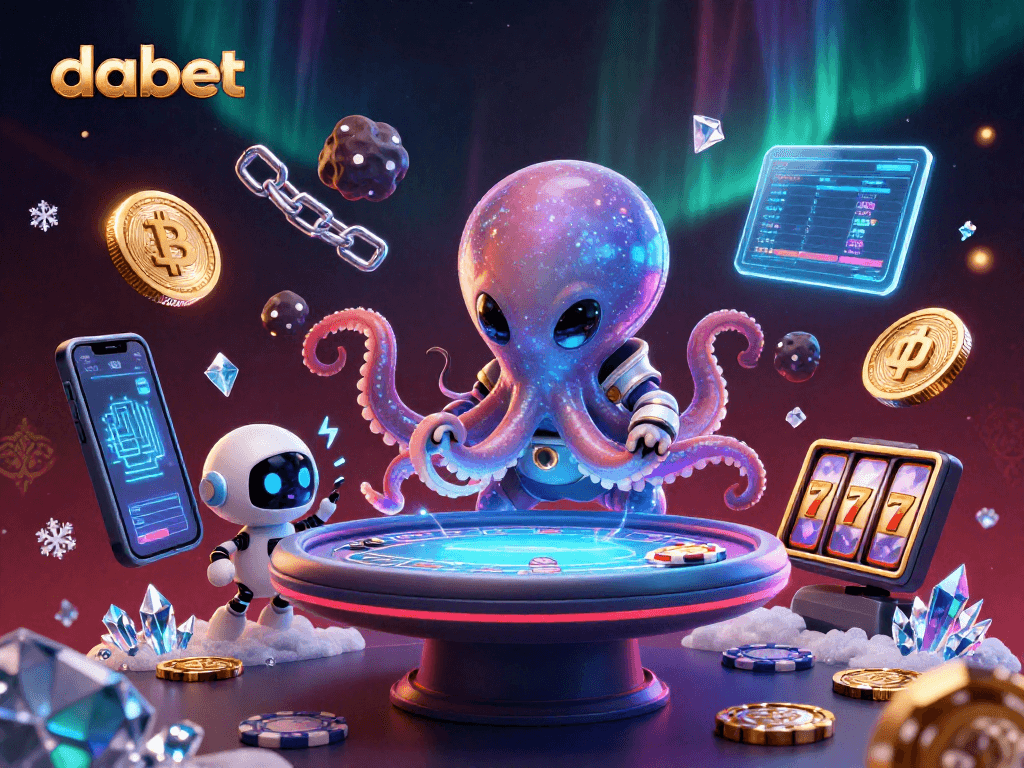 Experience the excitement of dabet casino with an alien octopus at a poker table surrounded by vibrant crypto elements.