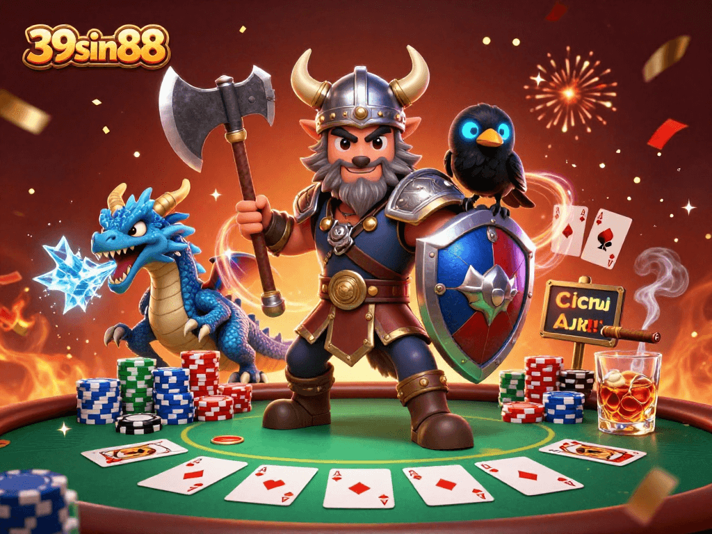 Engage with 39sin88's thrilling poker scene featuring a Viking warrior, dragon, and raven amidst vibrant casino elements.