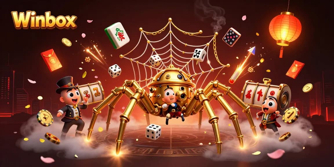 Winbox steampunk spider creating intricate web of fortune and luck in a dynamic casino setting.