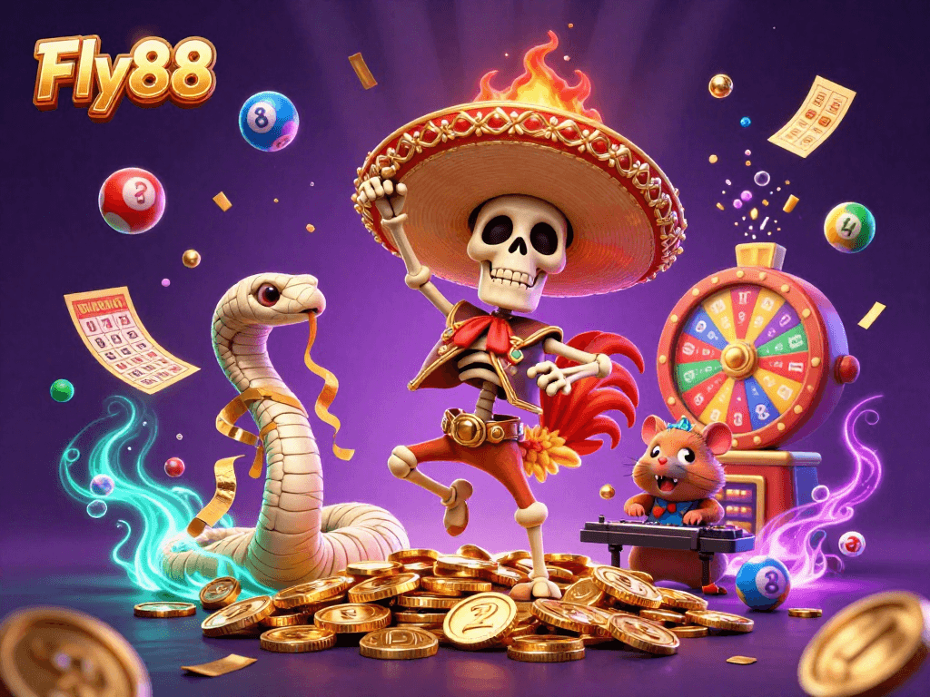 Experience thrilling game wins at Fly88 with vibrant casino characters and elements depicting online gaming action.