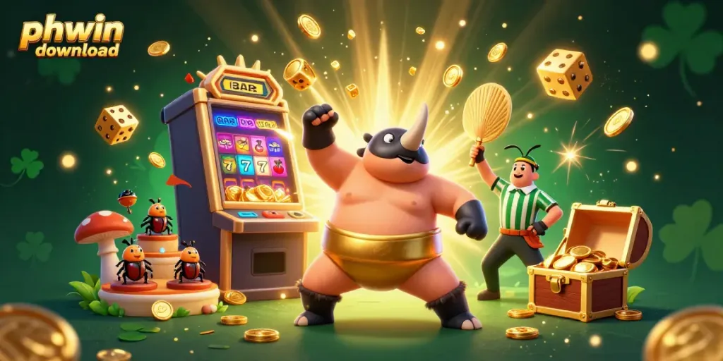 Experience thrilling gaming action with phwin download, featuring a cartoon beetle champion and dynamic casino elements.
