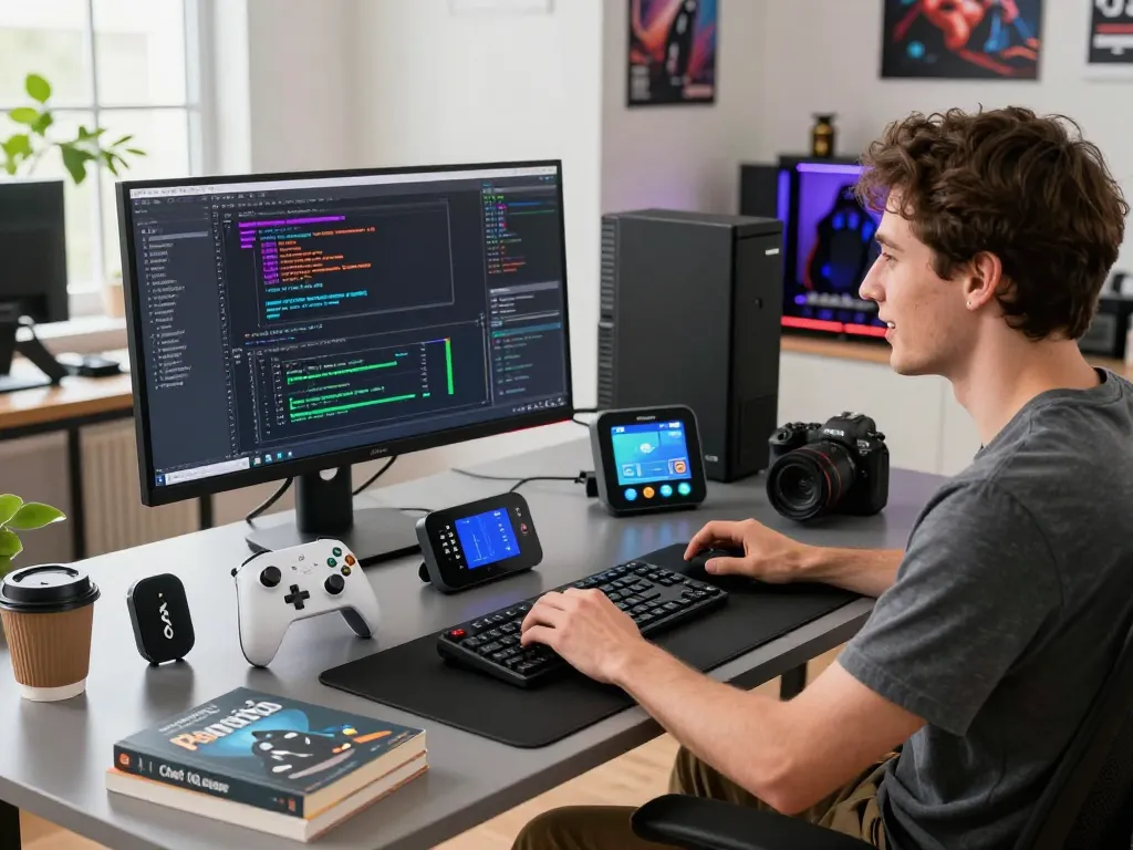 Innovative tech gadgets displayed in a modern workspace featuring a gaming setup, Bluetooth devices, and coding environment.