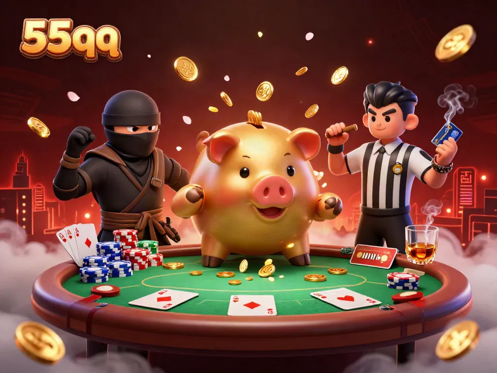 Experience thrilling action with the lively 55 qq characters battling over poker chips at a vibrant casino table.