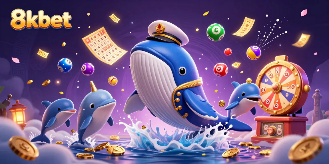 Engage in thrilling casino action with 8kbet, featuring a whale and whales, surrounded by lottery elements.