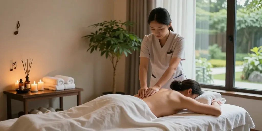 용인출장안마 therapy scene showcasing a tranquil spa experience with a massage setup.