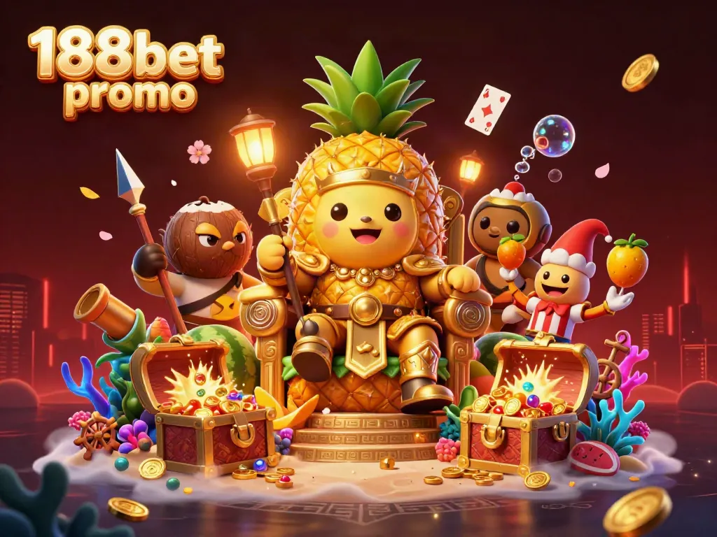 A vibrant 3D illustration of the 188bet promo featuring a golden pineapple king, casino elements, and dynamic action.