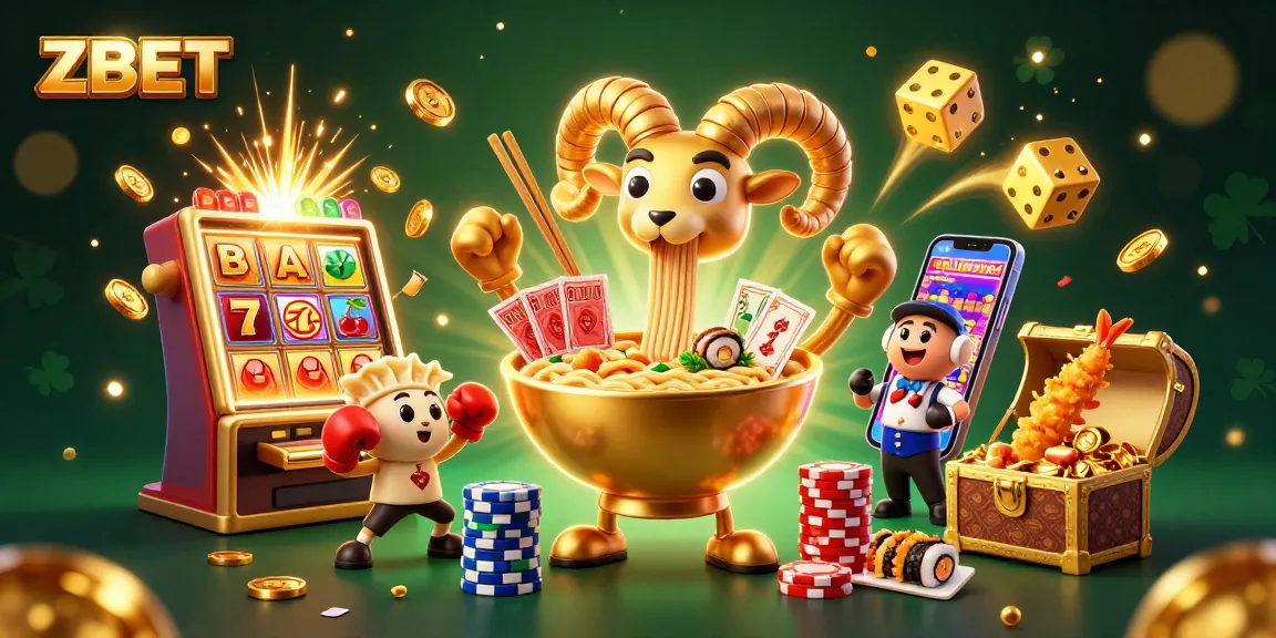 ZBET online gaming scene with a lively ramen character and slot machine burst, showcasing exciting casino elements