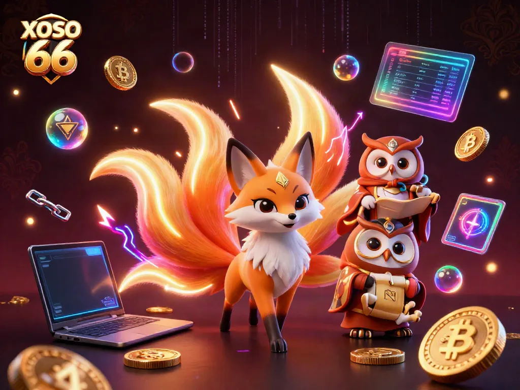 Engage with the thrilling world of XOSO 66, featuring vibrant characters and cryptocurrency symbols in a dynamic casino scene.