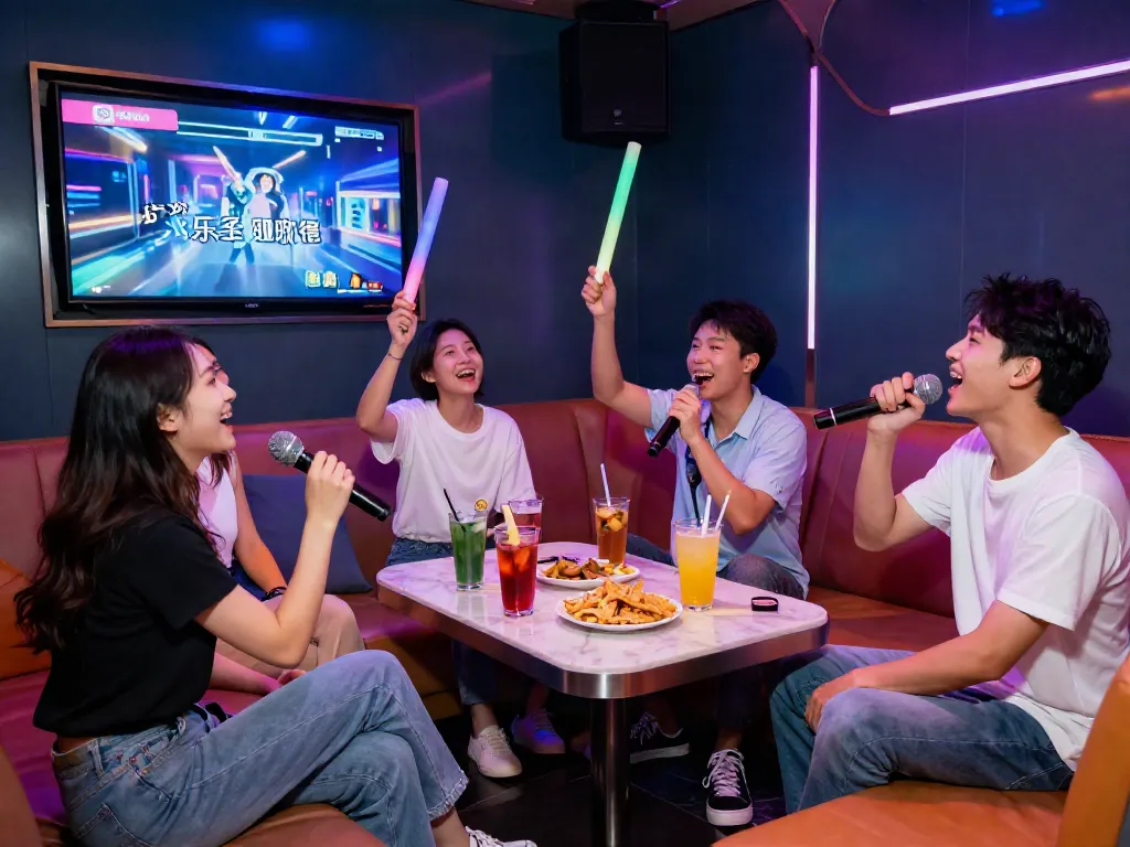 강남 달토의 즐거운 가라오케 환경에서 친구들과 노래를 부르는 모습