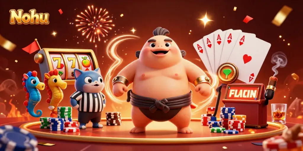 Nohu showcases a vibrant 3D underwater scene with a fugu in a sumo belt, gambling elements, and festive atmosphere.