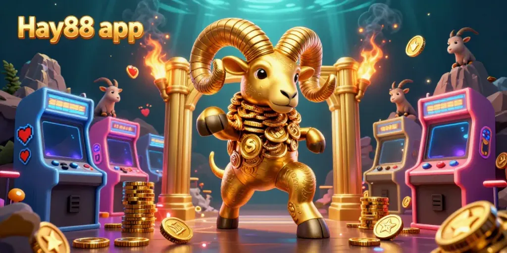 Engage with the vibrant Hay88 app experience featuring a golden ram charging through a casino-inspired landscape.