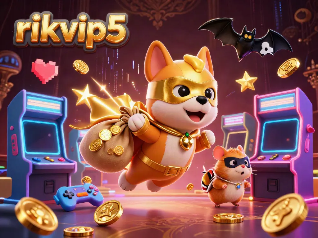 Experience the thrill of rikvip5 with a superhero dog flying over vibrant casino elements.