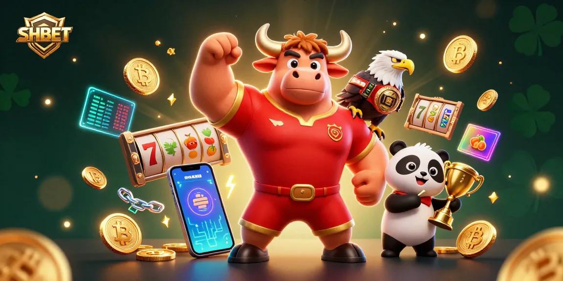 SHBET celebrates wins with a dynamic casino scene featuring a bull mascot, eagle, and panda.