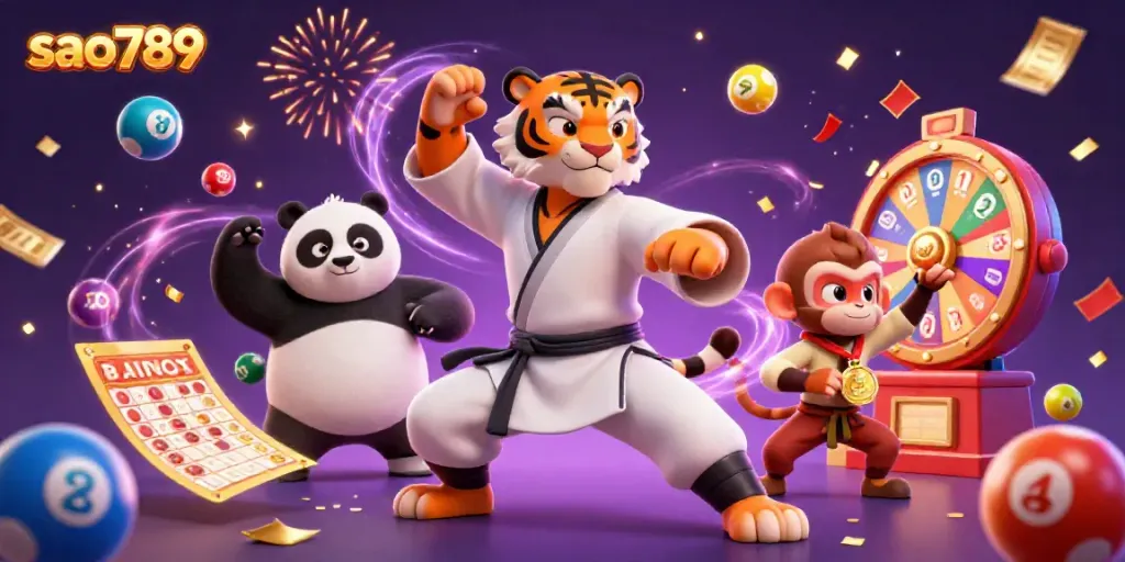 Experience thrilling victories at sao789 with a dynamic scene of a kung fu tiger master and playful characters amidst exciting casino elements.