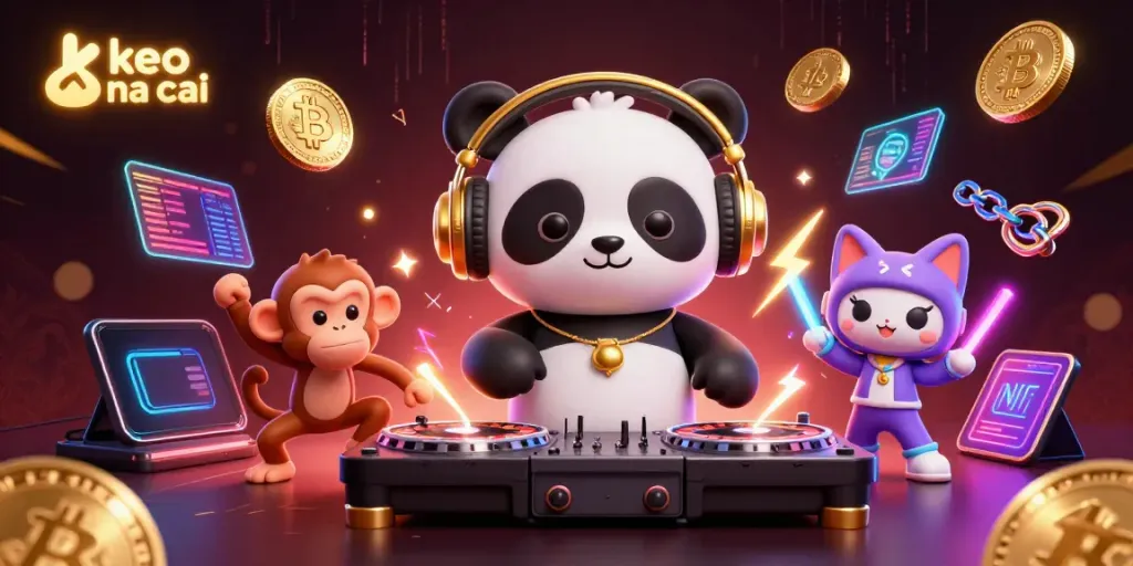 Engaging scene of a DJ panda spinning on roulette wheels, capturing the excitement of keo nha cai betting.