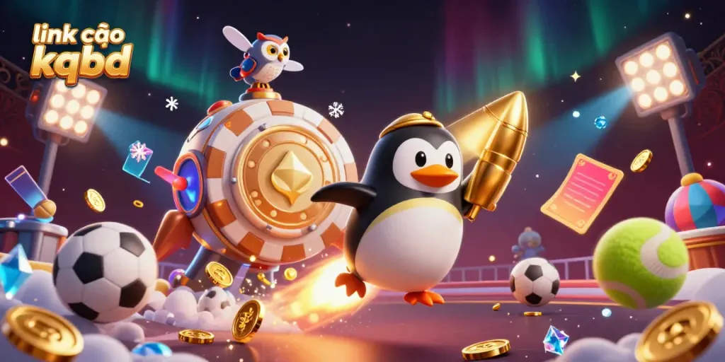 Engage with link vào kqbd through a dynamic scene featuring a golden penguin and sports elements.