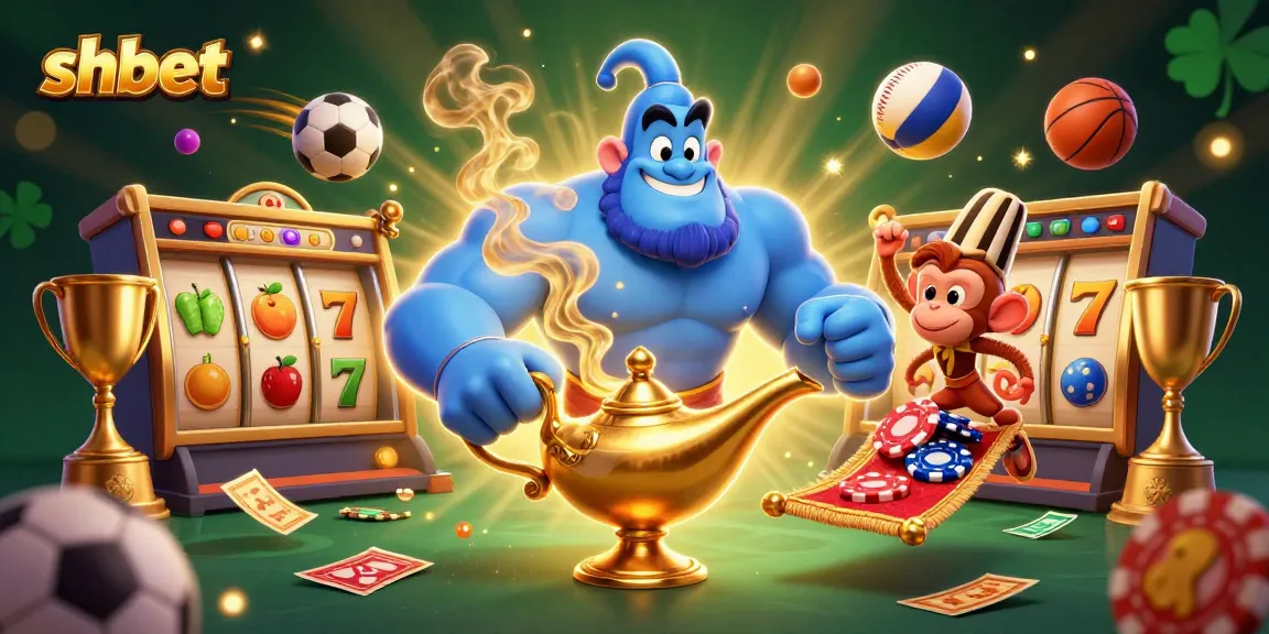 Engage with shbet's thrilling casino experience featuring a dynamic genie, poker chips, and vibrant game elements.