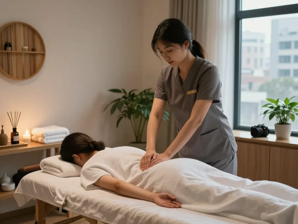 오피스타 웰니스 센터에서의 편안한 마사지 세션, 평화로운 분위기와 전문적인 케어를 보여줍니다.