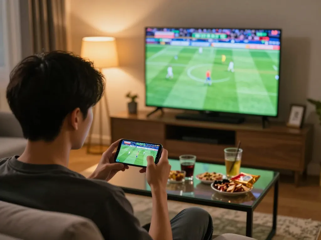 Person engaging with Keo nha cai 5 while watching a live soccer match and placing bets