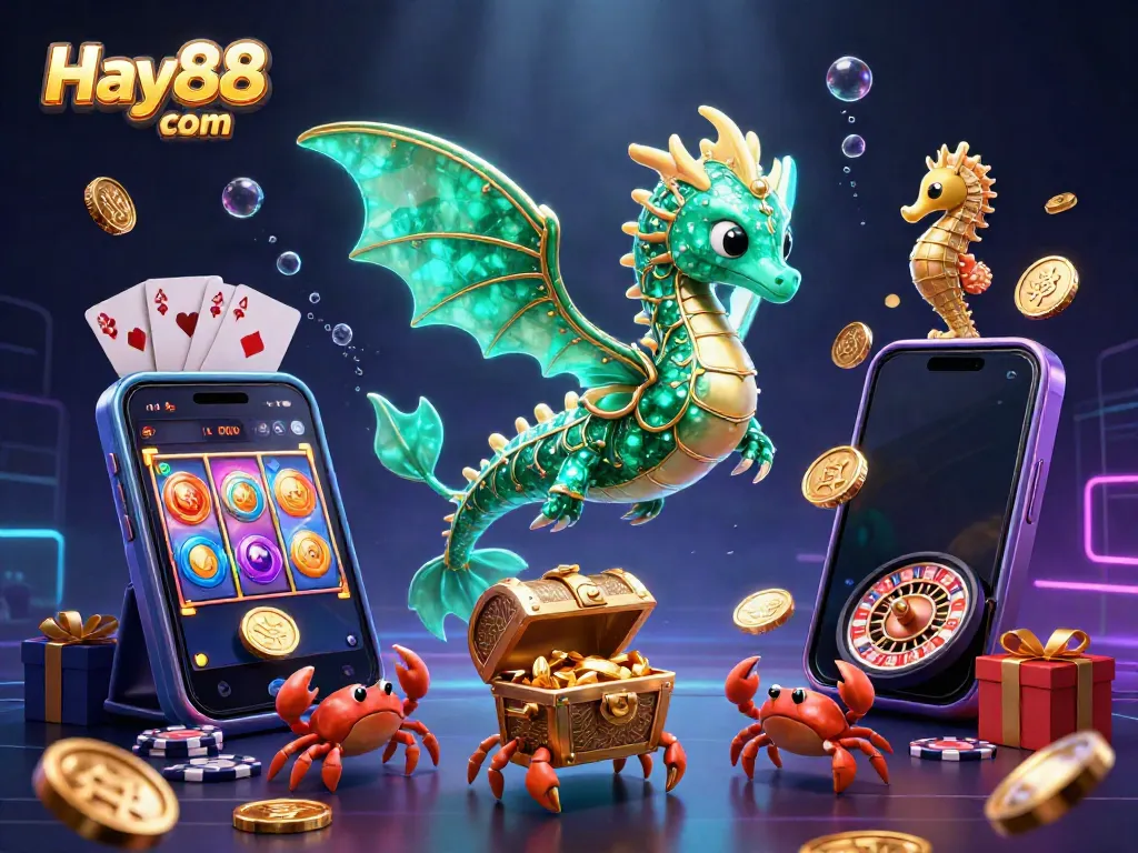 Experience excitement at Hay88 com with a vibrant 3D illustration of casino games and treasures.