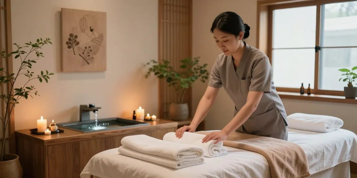 서울출장안마을 위한 조용한 스파 실내 풍경, 마사지 테이블과 아로마 오일, 평화로운 분위기.