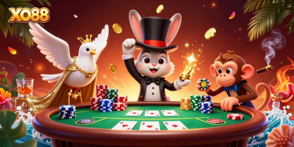 Engage with exciting games at XO88 as a magician rabbit conjures casino winnings with poker chips.