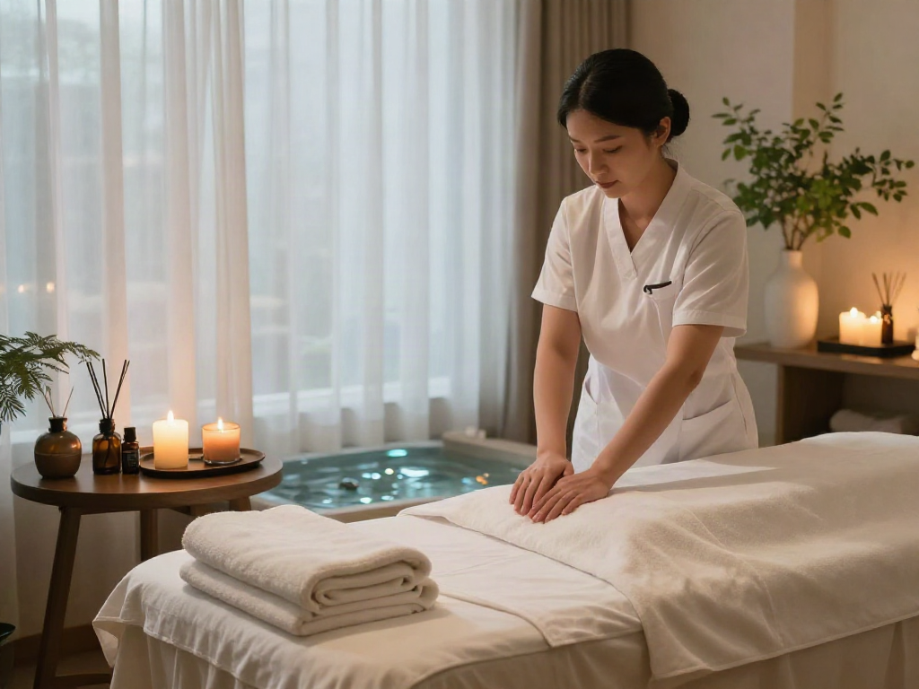 Experience a calming 화성출장마사지 in a tranquil spa room with soothing atmosphere.