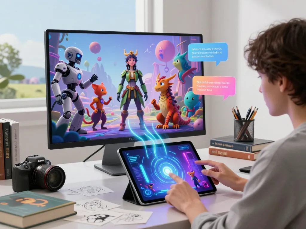 Engaging character AI NSFW interaction on a sleek tablet, showcasing imaginative fantasy elements in a vibrant workspace.