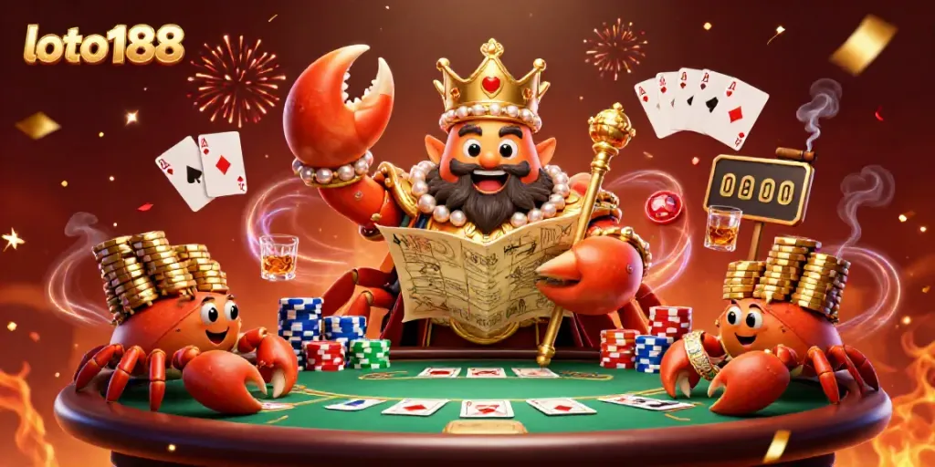 Loto188 captivating 3D illustration featuring a golden crab emperor with treasure, poker elements, and festive confetti.