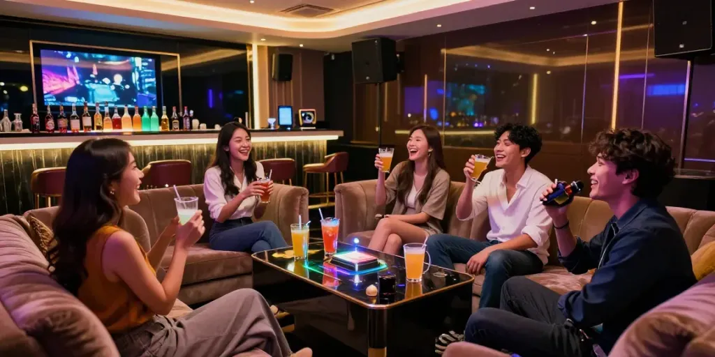 강남달토에서 친구들과 즐기는 고급스러운 노래방 밤 풍경