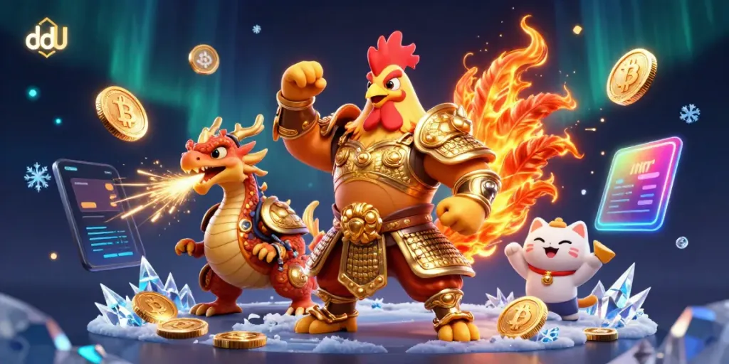 Bet on dd uu with a powerful samurai rooster and dragon in a vibrant casino-themed illustration.