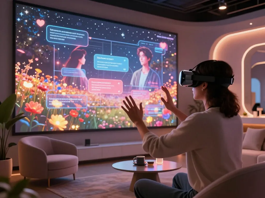 Engaging in AI sex simulation within a vibrant VR environment.