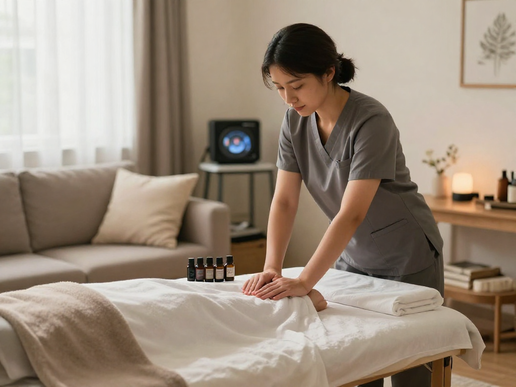 Home service for 출장안마 with therapist preparing a massage, serene atmosphere.